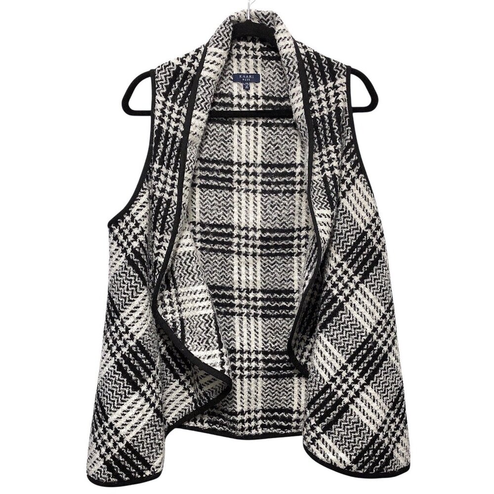 Kaari Blue Black White Plaid Open Front Sleeveless Cardigan Vest L/XL